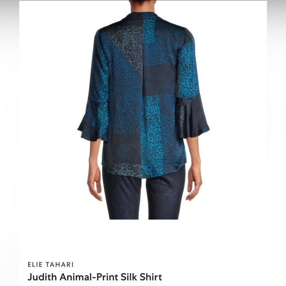 Elie Tahari NWOT “Judith” 100% Silk Animal Print Blouse Size Small. Blue & Black - Picture 10 of 16